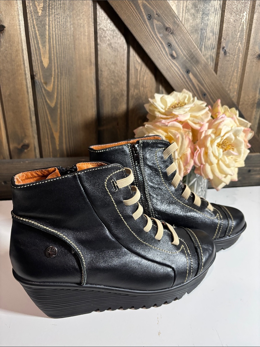 bernie mev. Black Wedge Ankle Boots with Cream Accents (NWOT)